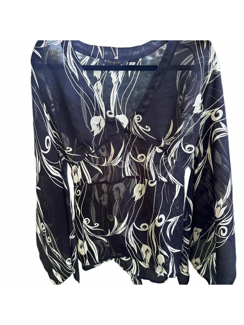 Vintage Bell Sleeve Black And White Babydoll Blouse Size L